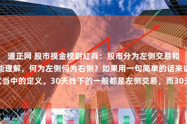 道正网 股市摸金校尉红兵：股市分为左侧交易和右侧交易，很多股民不能理解，何为左侧何为右侧？如果用一句简单的话来讲，这也是我模式当中的定义。30天线下的一般都是左侧交易，而30天线上的则为右侧交易！30天线是定位一只